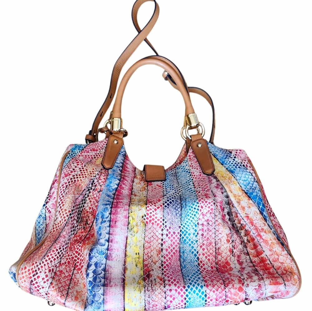 Brahmin Elisa Leather Satchel Bag Snake Print Rainbow Beige Long Strap Charm - Picture 7 of 16